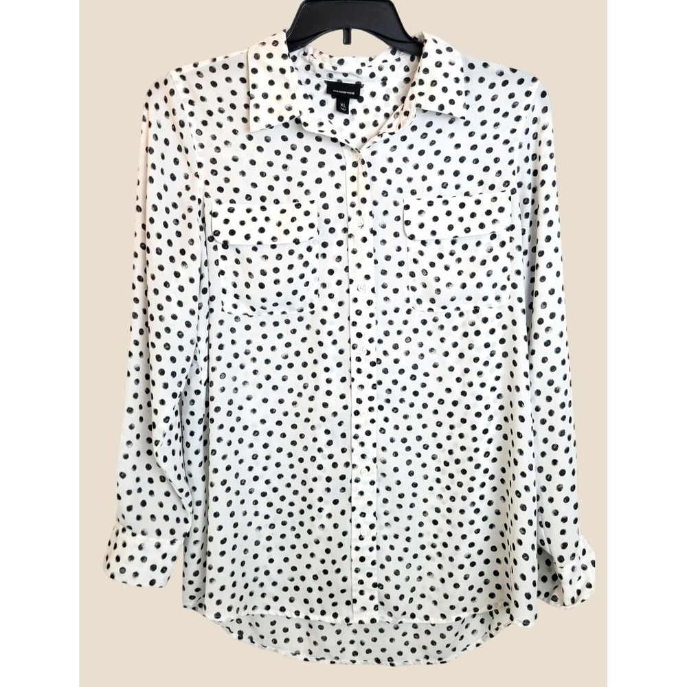 Who What Wear Button Down Shirt Polka Dot Long Sleeve Blouse White Black XL